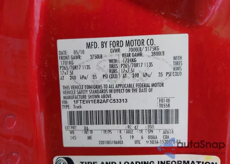 2010 Ford F-150 Xl/Xlt z USA, uszkodzony, nr VIN 1FTEW1E82AFC53313